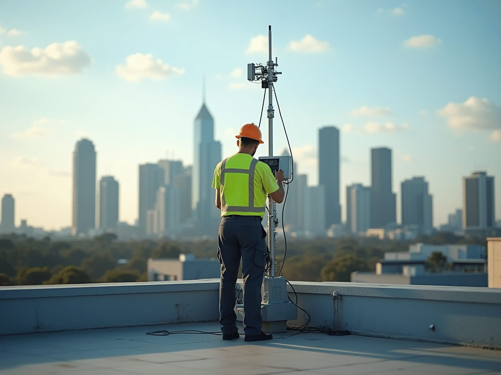 Professional technician installing an antenna on a rooftop with the Brisbane skyline in the background. Professional technician installing an antenna on a rooftop with the Brisbane skyline in the background.